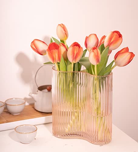 Pink Modern Footprint Striped Glass Vase for Home, Office, and Restaurant Centerpieces (8.3 Inch)