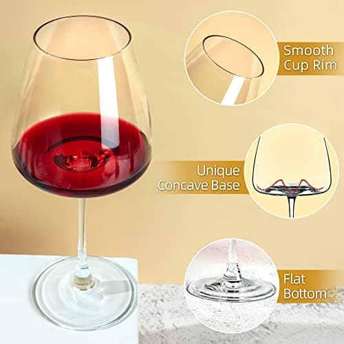 6-Piece 19.5 oz Clear Glass Wine Set, Durable Large Stem Concave Bowl