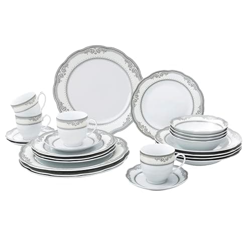 Lorren Home Trends 24-Piece Victoria Porcelain Dinnerware Set, White