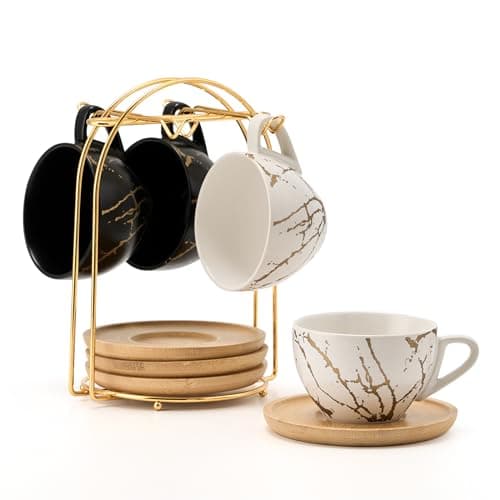 Luka Ceramic Espresso Cups Set of 6, 4 oz Marbling Black Saucers Included — 4-White & Black