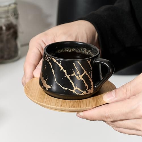 Luka Ceramic Espresso Cups Set of 6, 4 oz Marbling Black Saucers Included
