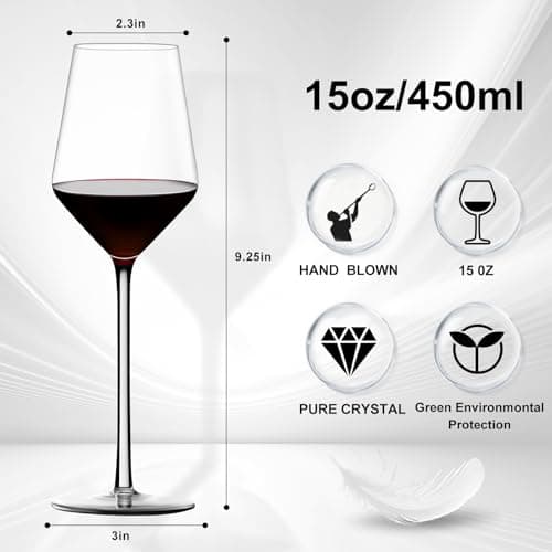 Lead-Free Hand-Blown Italian Crystal Red Wine Glasses Set of 4, 15 oz, Elegant Gift
