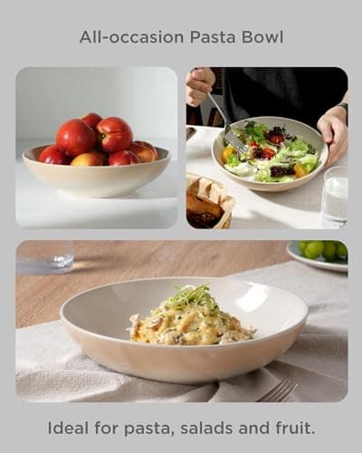 Famiware Glacier Series Honey Beige 8.7" Stoneware Pasta Bowls Set of 4, 34oz Microwave & Dishwasher Safe