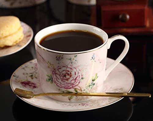 Vintage Peony Flower Design Porcelain Tea Cups and Saucers, Set of 2 - 7 Ounce (220ml) - 4 Pieces