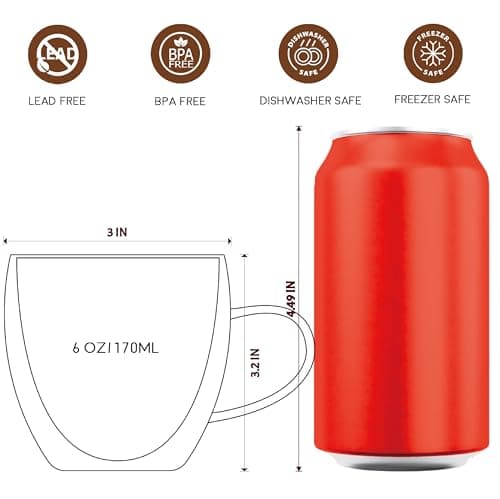 Double Walled Glass Espresso Cups Set, 6oz Insulated Coffee Mugs