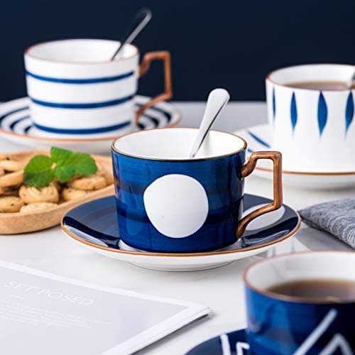 Jusalpha Japanese Style Hand Printed 7oz Fine China Tea/Coffee Cup Set with Spoon and Tray, Serve of 4