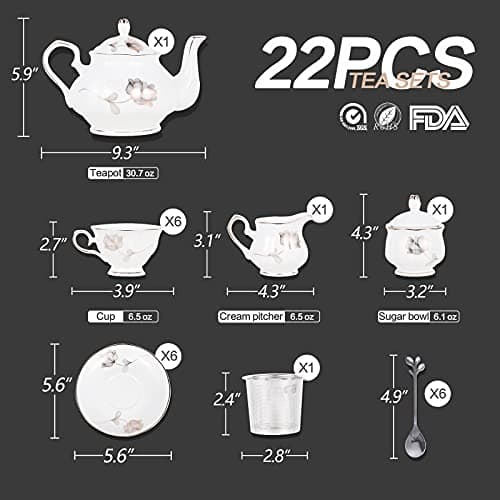 22-Piece Porcelain Tea Set for 6, Gift for Tea or Coffee Lovers, Wedding, Birthday