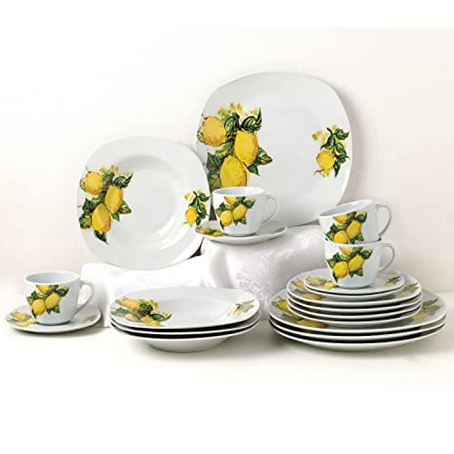 Lorren Home Trends Porcelain 20-Piece Square Dinnerware Set for 4 - Lemon Design, Yellow