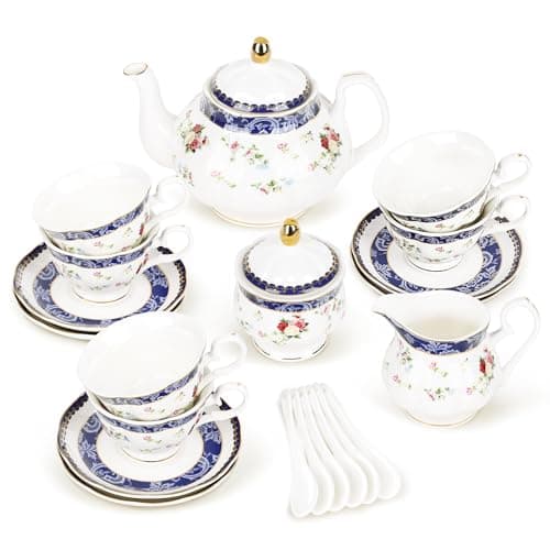 Fanquare 21-Piece Gold Floral Porcelain Tea Set for Tea Parties — Blue and Roses