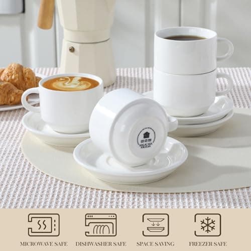 MALACASA White Espresso Cups with Saucers & Metal Stand, Set of 4