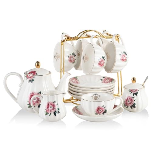 Sweejar British Royal Porcelain Tea Set, 8oz Cups & Saucer for 6 Guests, Teapot Included — Salmon Pink