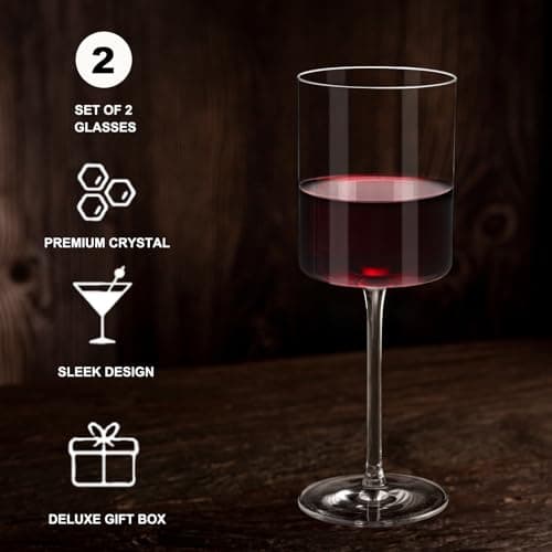 Moretoes 14oz Red Wine Glasses, Square Crystal Stemmed Set of 2