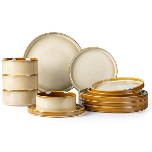 LERATIO Blue Ceramic Dinnerware Set for 4, Round Reactive Glaze Plates & Bowls, Chip & Crack Resistant, Dishwasher & Mic — Reactive-Kahki