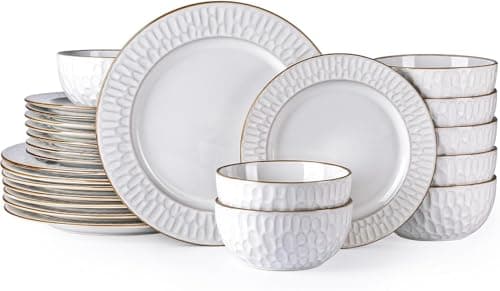 GBHOME Elegant Stoneware Dinnerware Set, 12-Piece Embossed Plates & Bowls | Safe for Dishwasher & Microwave | Ideal Hous — Pearl White-Bubble