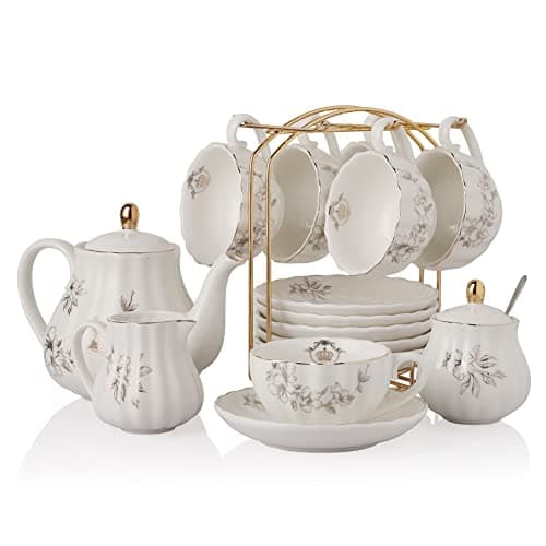 Sweejar British Royal Porcelain Tea Set, 8oz Cups & Saucer for 6 Guests, Teapot Included — Morning Glory Flower