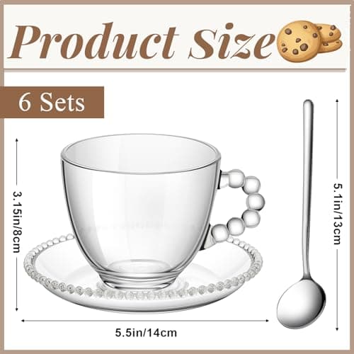 Irene Set of 6 Clear Glass Coffee Mugs with Saucers and Stainless Steel Spoons