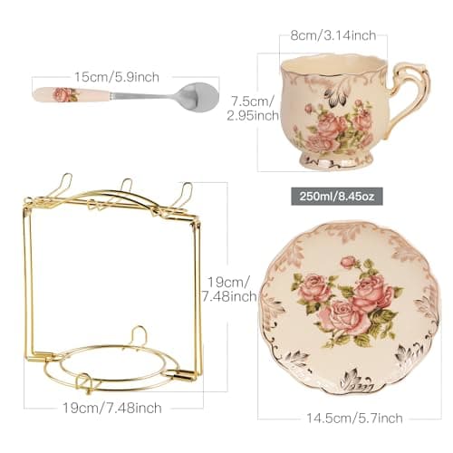YOLIFE Ivory Pink Rose Vintage Floral Porcelain Tea & Coffee Set of 6