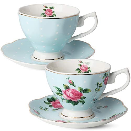 Floral Tea Cups and Saucers Set, Porcelain with Gold Trim, 8oz — Blue