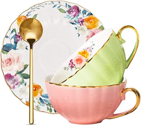 ONEUSTAR 8 Oz Bone China Tea Cup and Saucer Set for Mom Birthday Party Gifts