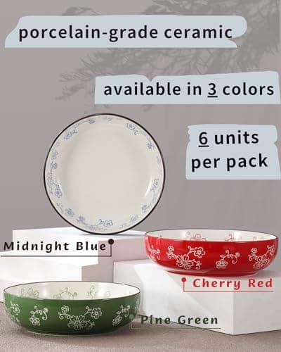 Sakura Floral Series Midnight Blue Porcelain Pasta Bowls Set of 6 - 40 Oz, Large Colorful Salad Pasta Bowls