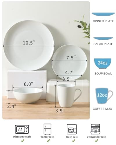 Ceramic Dinnerware Set for 4, White, Dishwasher & Microwave Safe