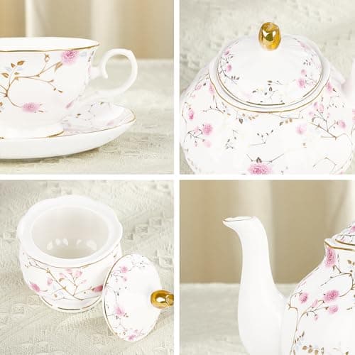 Fanquare 21-Piece Gold Floral Porcelain Tea Set for Tea Parties