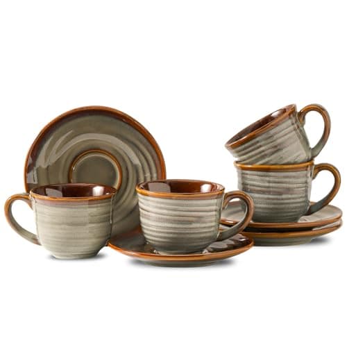 Ceramic Espresso Cups & Saucers, 5 Oz, Set of 4, Small Coffee Mugs Brown — Brown