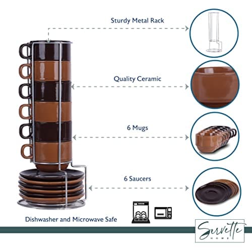 Stackable 5oz Espresso Cups, Saucers & Stand - Set of 6