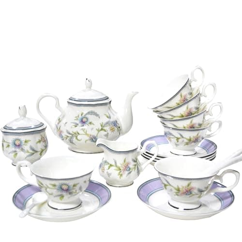 Vintage Bone China Tea Set, 21-Piece Porcelain Set for Adults (Blue) — Purple