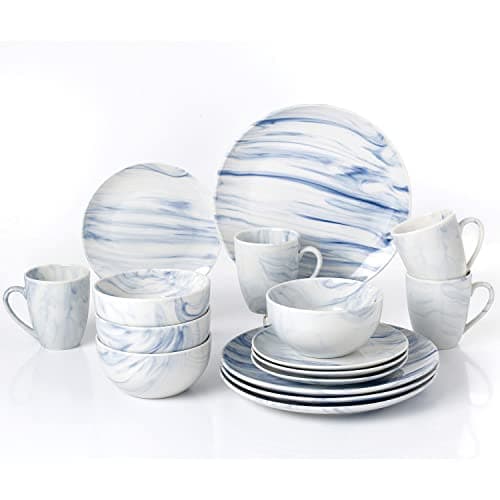 Lorren Home Multi-Marble 16-Piece Porcelain Dinnerware Set for Parties — Blue Marble
