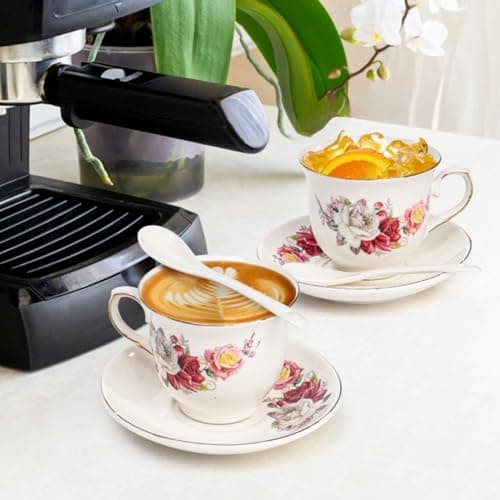 Tea Cup Set with Gold Trim, Set of 6 - 8 Oz Cups and Saucers for Espresso, Latte, and Mocha