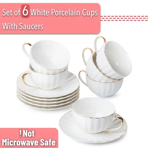 Gold Trimmed British Porcelain Cappuccino Cup Set, 6-Piece White Tea Cups