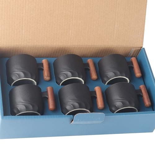 Set of 2 Ceramic Espresso Cups with Wooden Handle-Small Tea Cups — Black