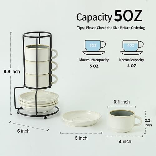 Stackable Espresso Cups Set with Saucers and Stand, 4 oz, Set of 4