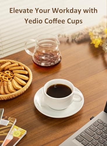 Yedio Porcelain 4 oz Espresso Cups & Saucers, White Stackable Set of 4 with Metal Stand