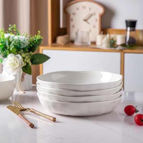 LERATIO Ceramic Large Salad Bowls Set of 4, 30 Oz Microwave & Oven Safe White — Sea Wave-White