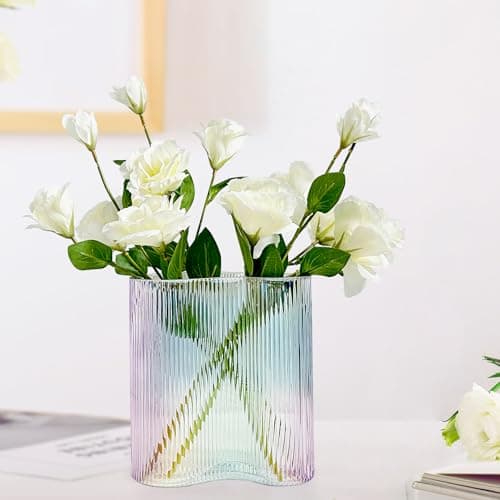 Aoderun Footprint Shape Ribbed Glass Vase for Flowers, Modern Large Vase for Living Room Dining&Coffee Table Kitchen Office Home Shelf Wedding Party Decor (Iridescent Clear)