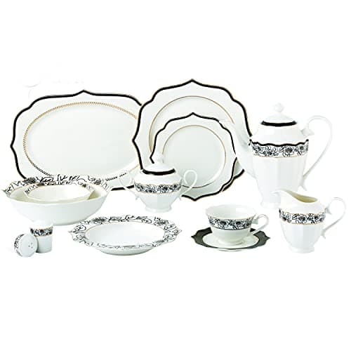 Lorren Home Trends 57 Piece Wavy Black & Gold Bone China Service for 8 - Fiona
