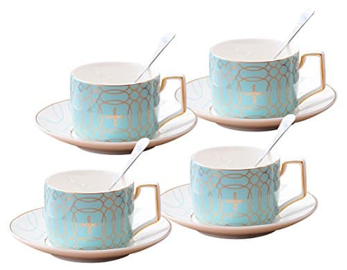 Jusalpha Mint Green Tea Cup and Saucer Set for 4 (Blue)