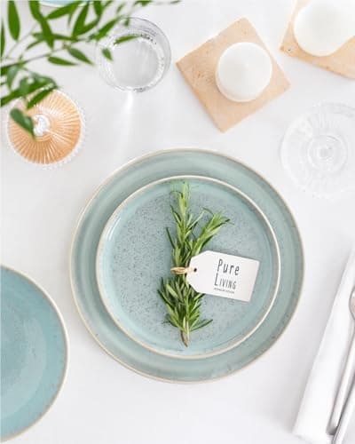 Modern Beige and Blue 32-Piece Stoneware Dinnerware Set - Scratch Resistant & Dishwasher Safe