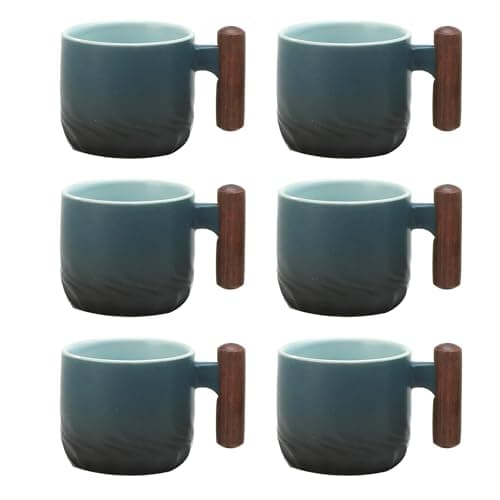 Set of 2 Ceramic Espresso Cups with Wooden Handle-Small Tea Cups — Blue