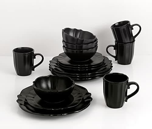 Lorren Home Trends 16 Piece Scalloped Edge Black Dinnerware, Medium