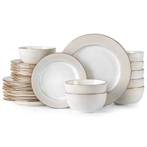 GBHOME Elegant Stoneware Dinnerware Set, 12-Piece Embossed Plates & Bowls | Safe for Dishwasher & Microwave | Ideal Hous — Off-White