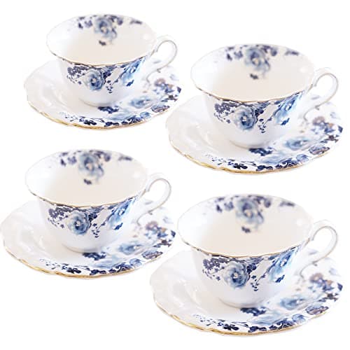 4-Piece Blue and White Jomop Ceramic Tea and Coffee Cups with Saucers