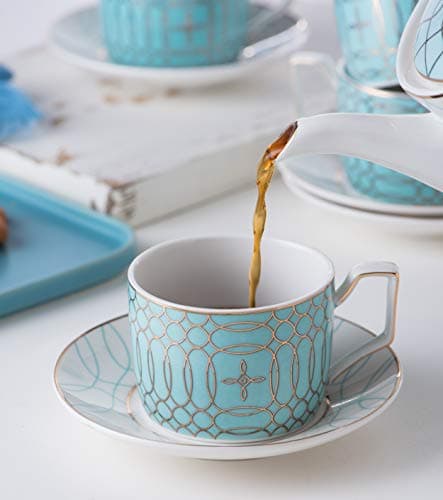 Jusalpha Mint Green Tea Cup and Saucer Set for 4 (Blue)
