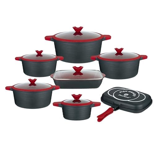 Lorren Home Trends 14-Piece Die-Cast Aluminum Cookware Set, Red