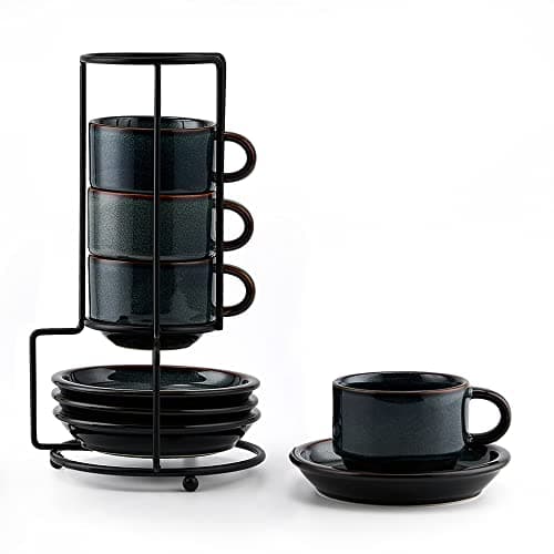 Stackable Espresso Cups Set with Saucers and Stand, 4 oz, Set of 4 — Green Calyx