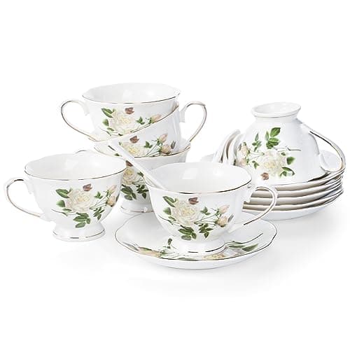 Foraineam Porcelain Ivory Tea Cup and Saucer Set, Gold Trim, 6 Pieces