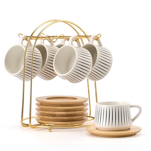 Luka Ceramic Espresso Cups Set of 6, 4 oz Marbling Black Saucers Included — 6-Stripe White