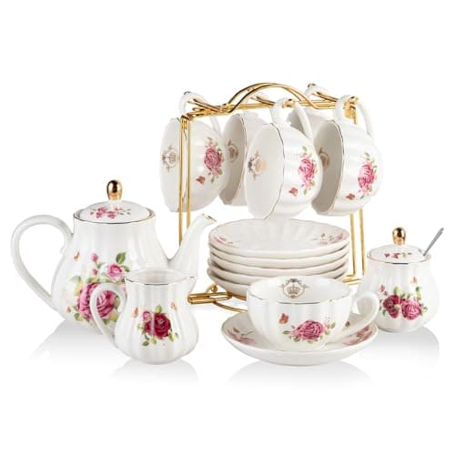 Sweejar British Royal Porcelain Tea Set, 8oz Cups & Saucer for 6 Guests, Teapot Included — Midsummer Rose